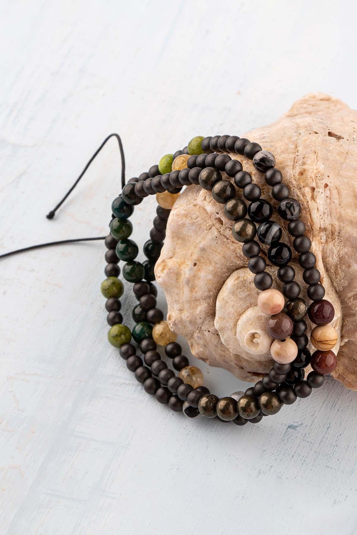 Sertifikalı Koç Burcu Doğal Taş Kolye (Yeşim-Rutilli Kuvars-Jasper-Pirit-Kan Taşı-Sitrin-Akik)