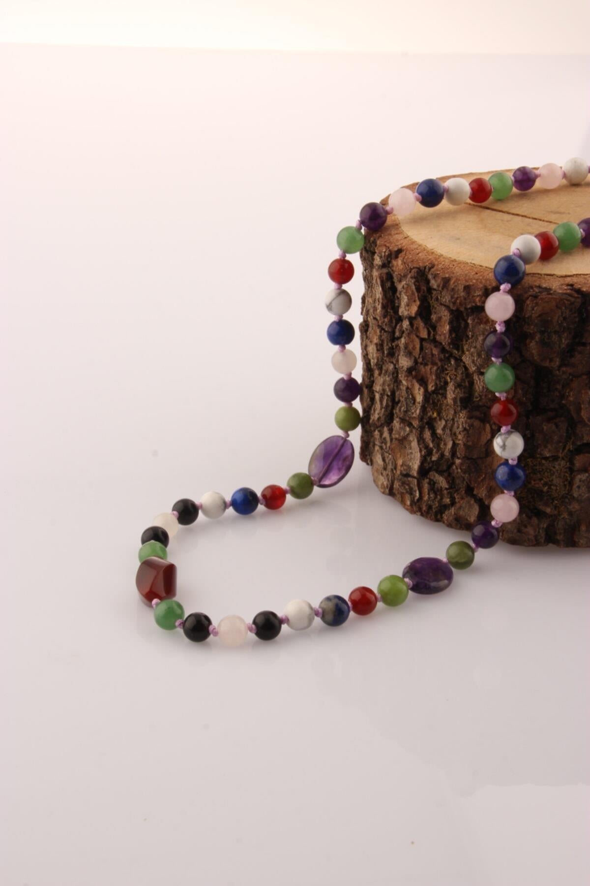 SERTİFİKALI Aventurin-Pembe Kuvars-Obsidyen-Lapis-Havlit-Yeşim-Ametist Kız Öğrenci Kolye
