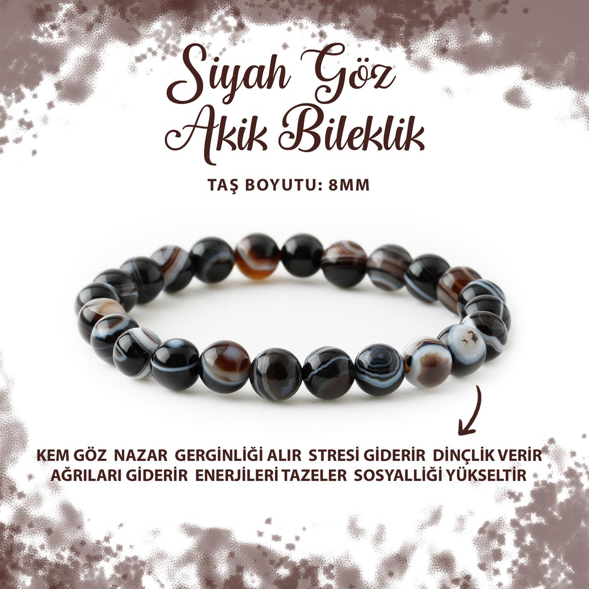 SERTİFİKALI Siyah Göz Akik 8mm Doğal Taş Bileklik
