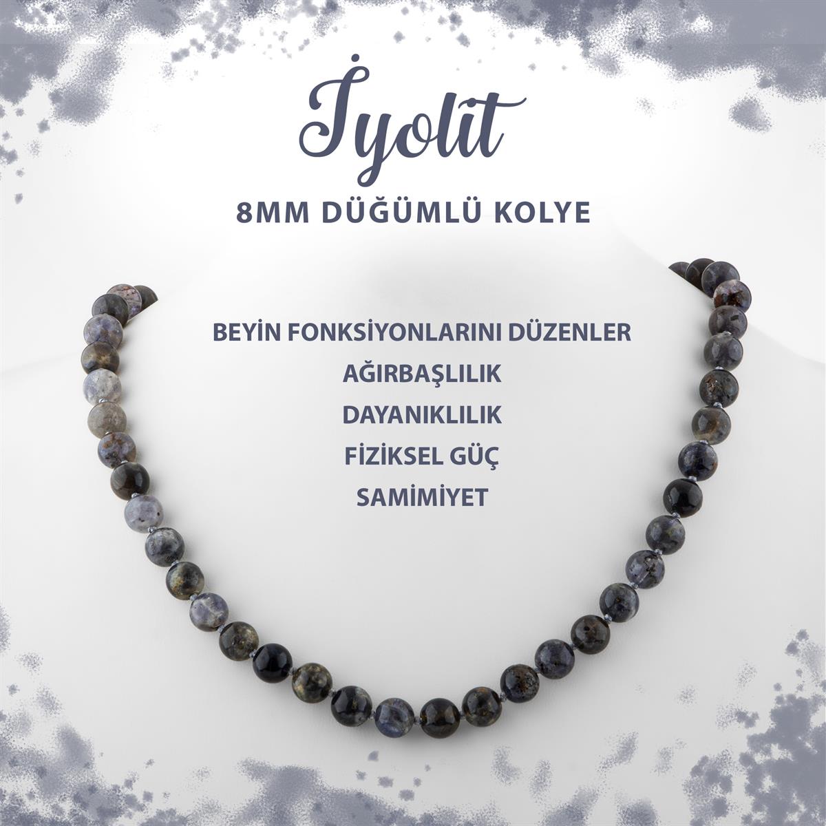 SERTİFİKALI İyolit 8 mm Düğümlü Doğal Taş Kolye