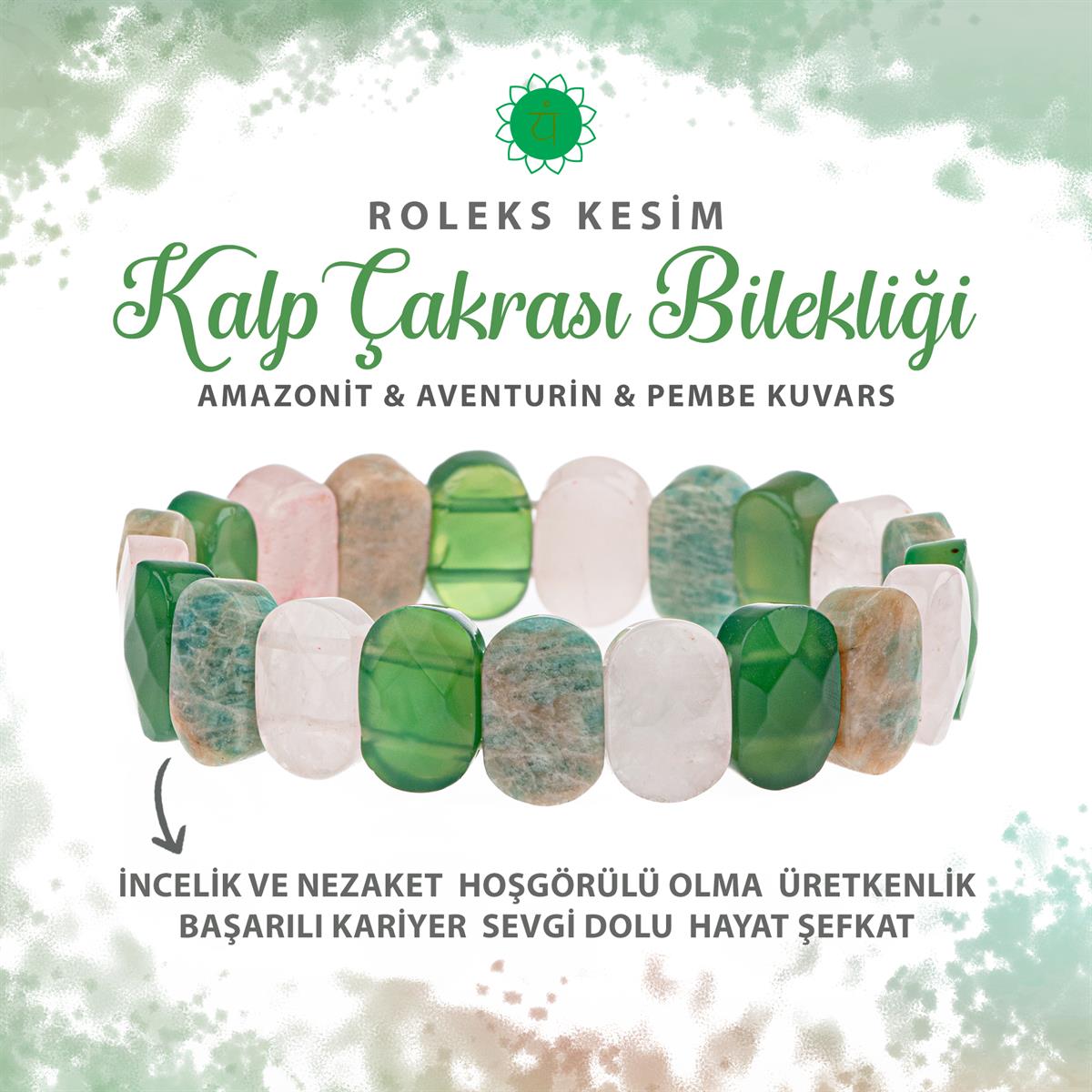 SERTİFİKALI Kalp Çakrası Doğal Taş Geniş Kesim Bileklik