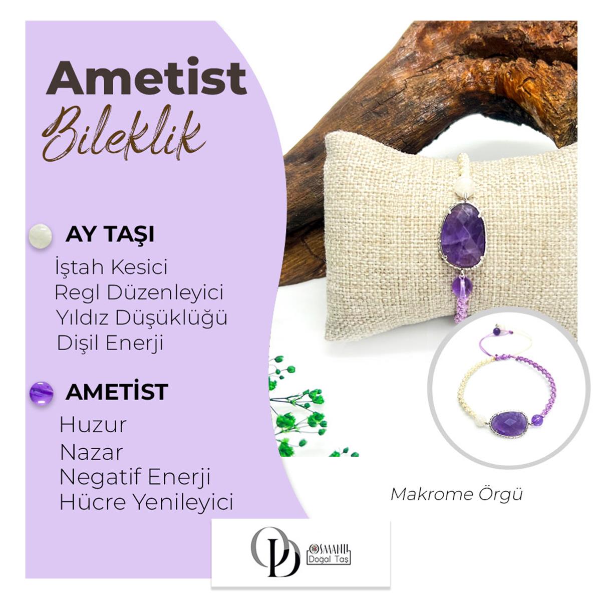 SERTİFİKALI Ametist, Ay Taşı Makrome Örgü  Orjinal ( Taşlar) Doğaltaş Bileklik B946