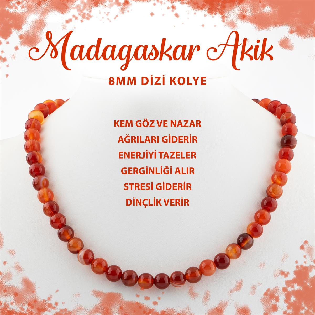 SERTİFİKALI Madagaskar Akiği 8 mm Dizi Doğal Taş Kolye