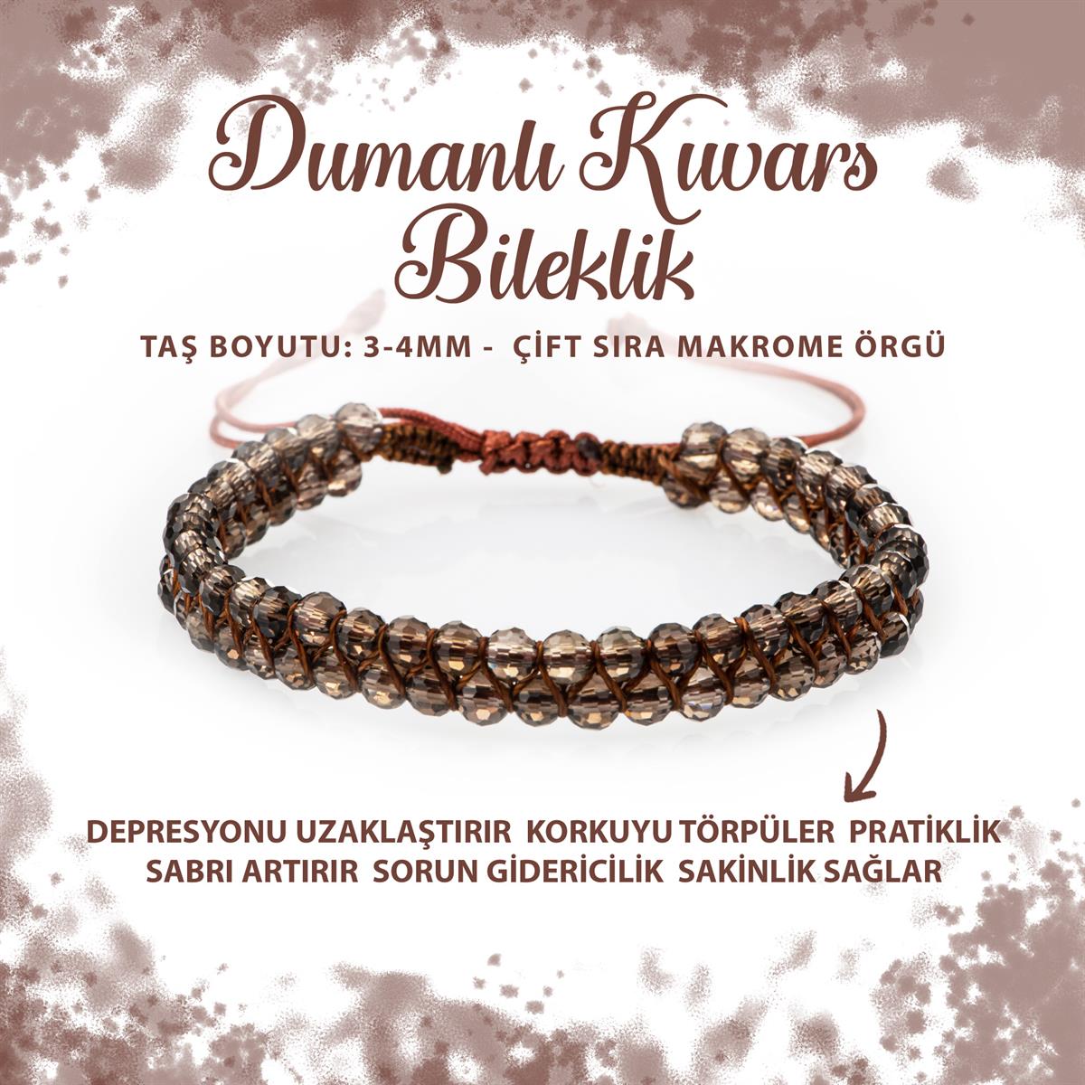 SERTİFİKALI Dumanlı Kuvars 3-4mm Çift Sıra Doğal Taş Bileklik