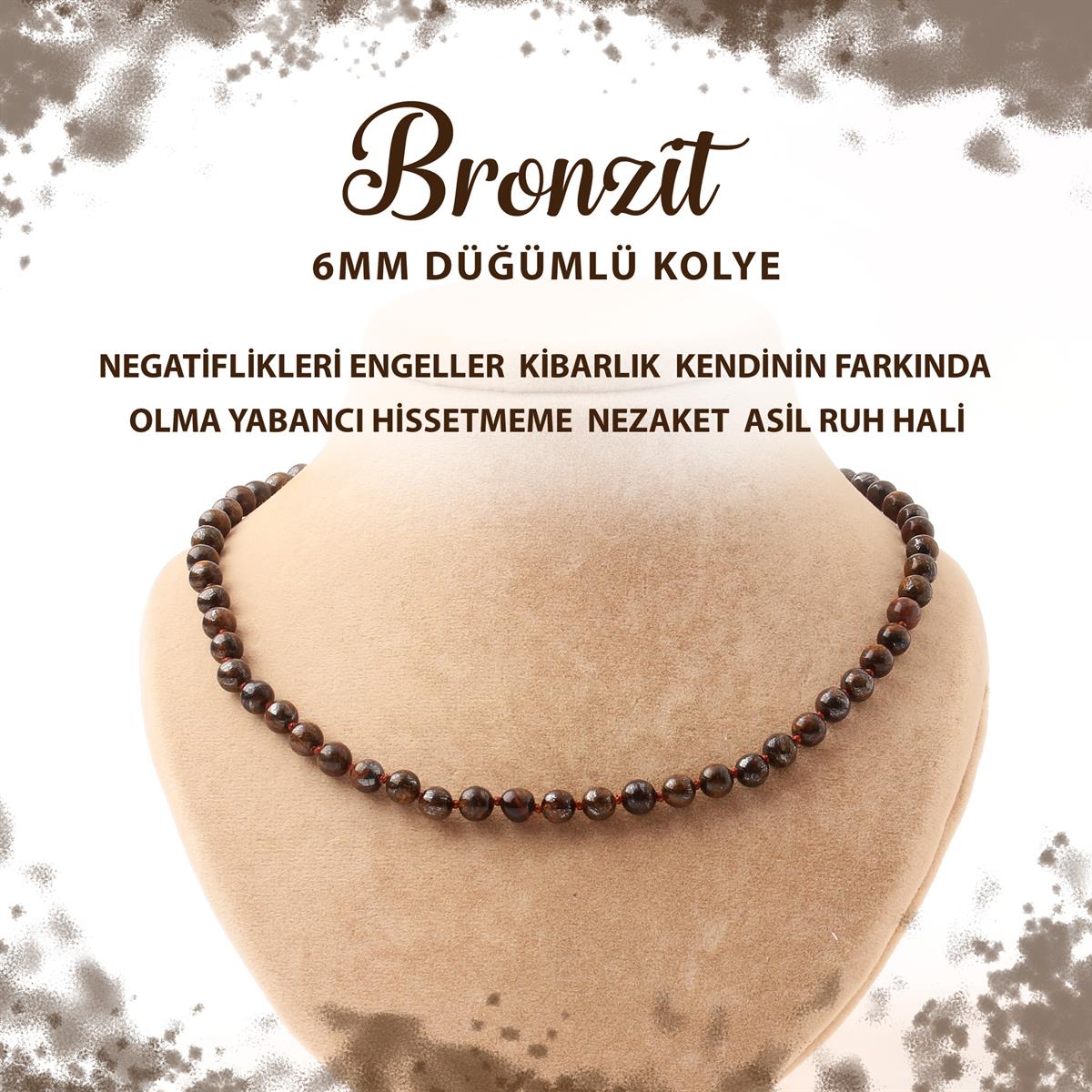 SERTİFİKALI Bronzit 6 mm Düğümlü Doğal Taş Kolye