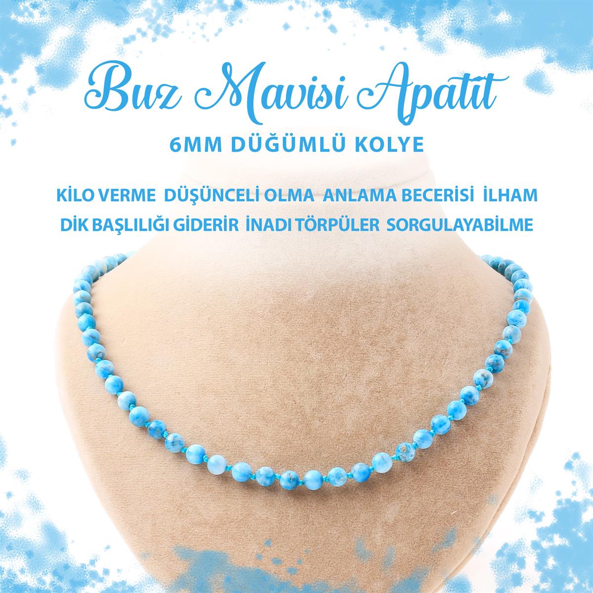 SERTİFİKALI Buz Mavizi Apatit 6 mm Düğümlü Doğal Taş Kolye