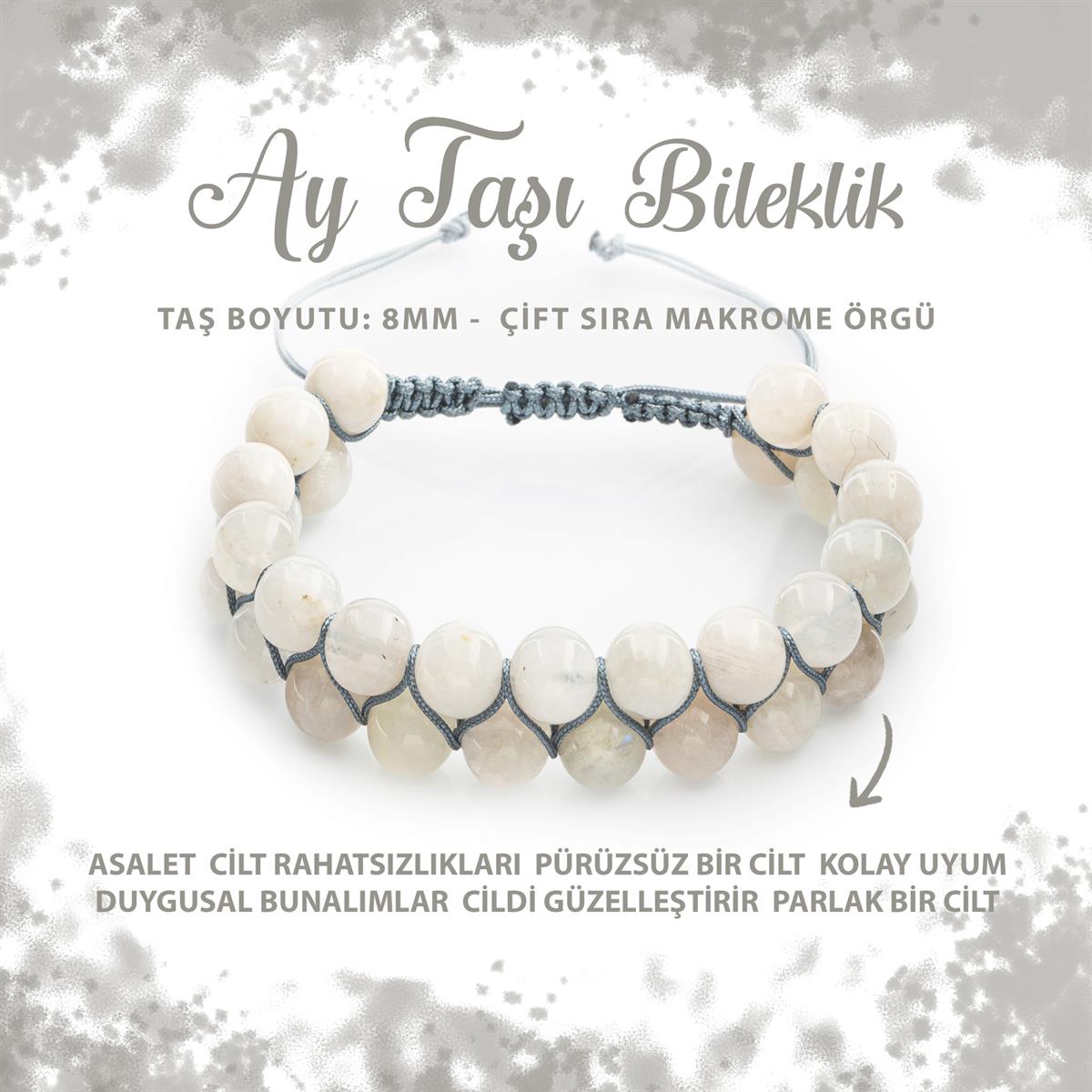 SERTİFİKALI Ay Taşı 8mm Çift Sıra Makrome Doğal Taş Bileklik