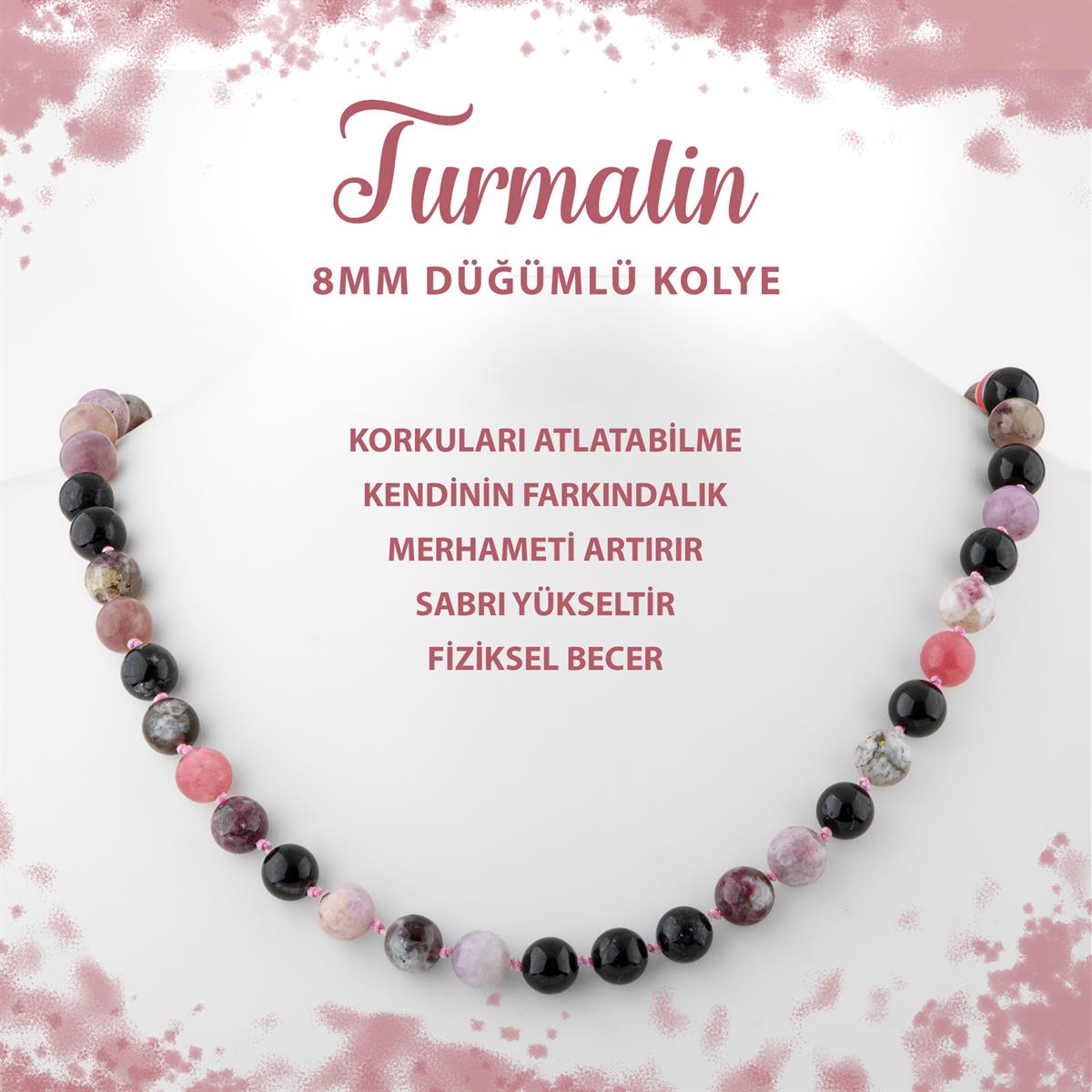 SERTİFİKALI Renkli Turmalin 8 mm Düğümlü Doğal Taş Kolye