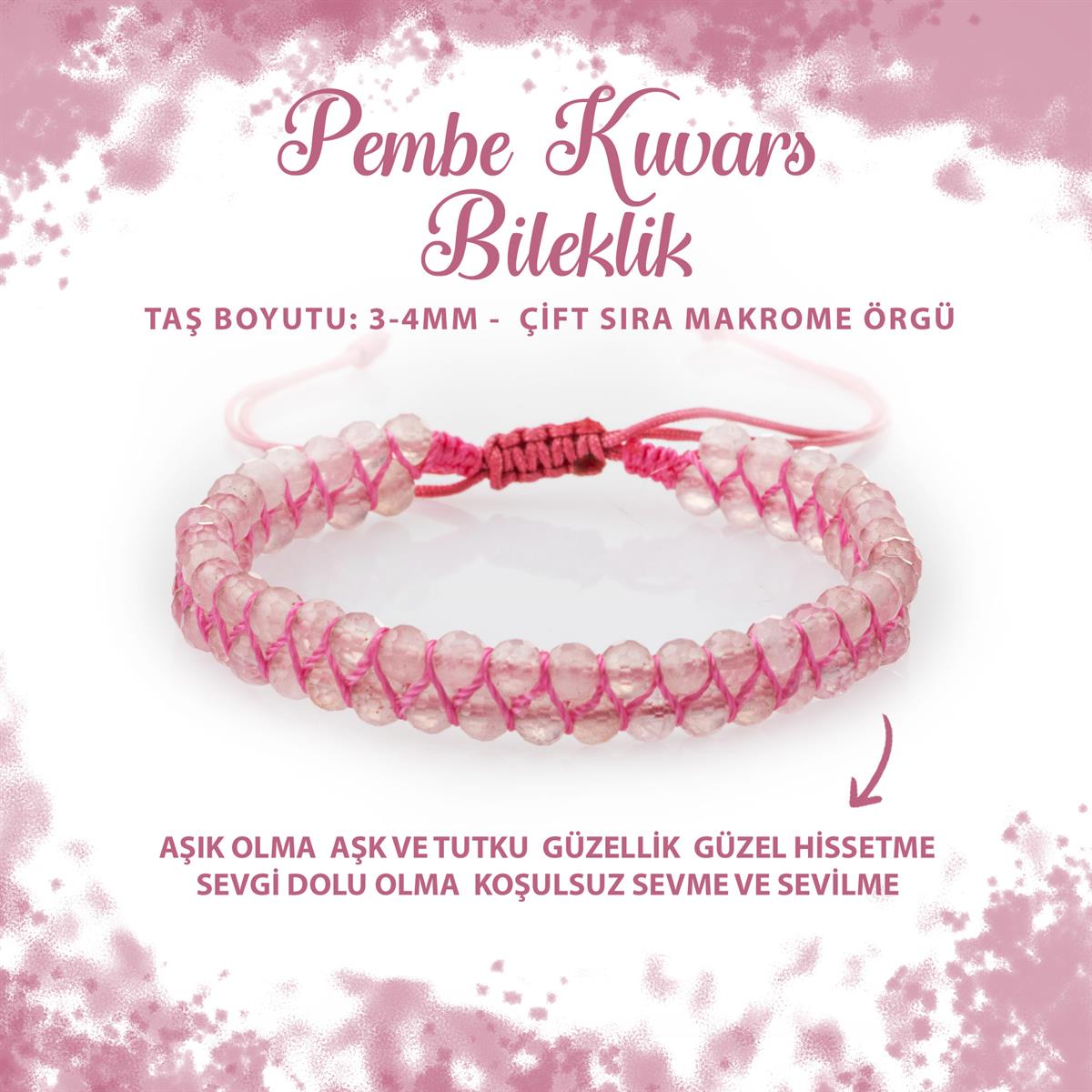 SERTİFİKALI Pembe Kuvars (Gül Kuvars) 3-4mm Çift Sıra Doğal Taş Bileklik