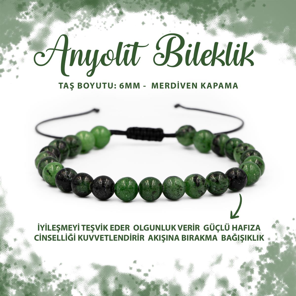 SERTİFİKALI Anyolit 6mm Merdiven Kapama Doğal Taş Bileklik