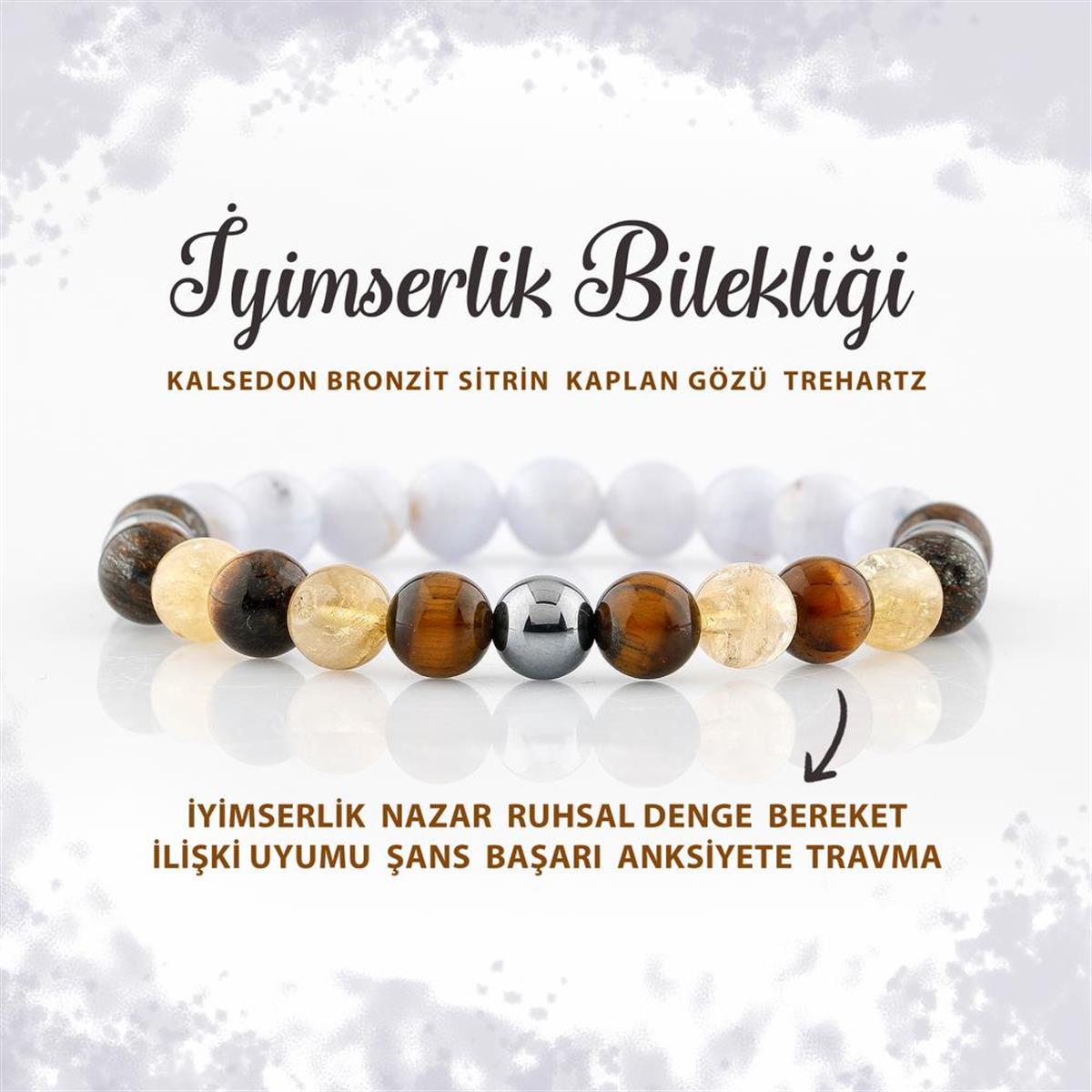 SERTİFİKALI İyimserlik Doğal Taş Bileklik Kalsedon Bronzit Sitrin Kaplan Gözü Trehartz 8mm B0013