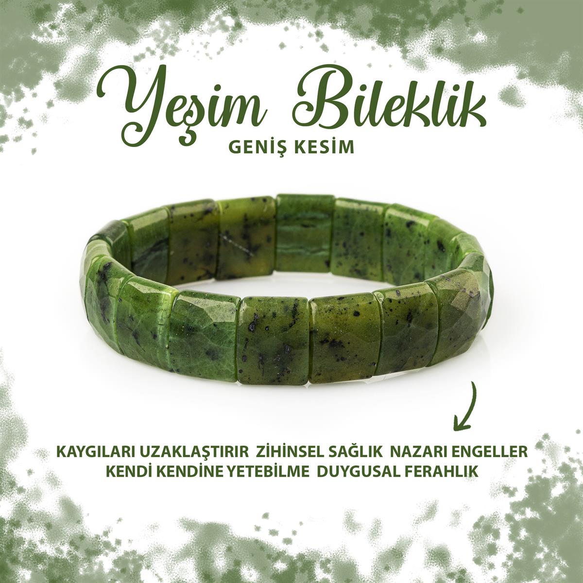 SERTİFİKALI Yeşim Doğal Taş Balık Sırtı Geniş Kesim Bileklik