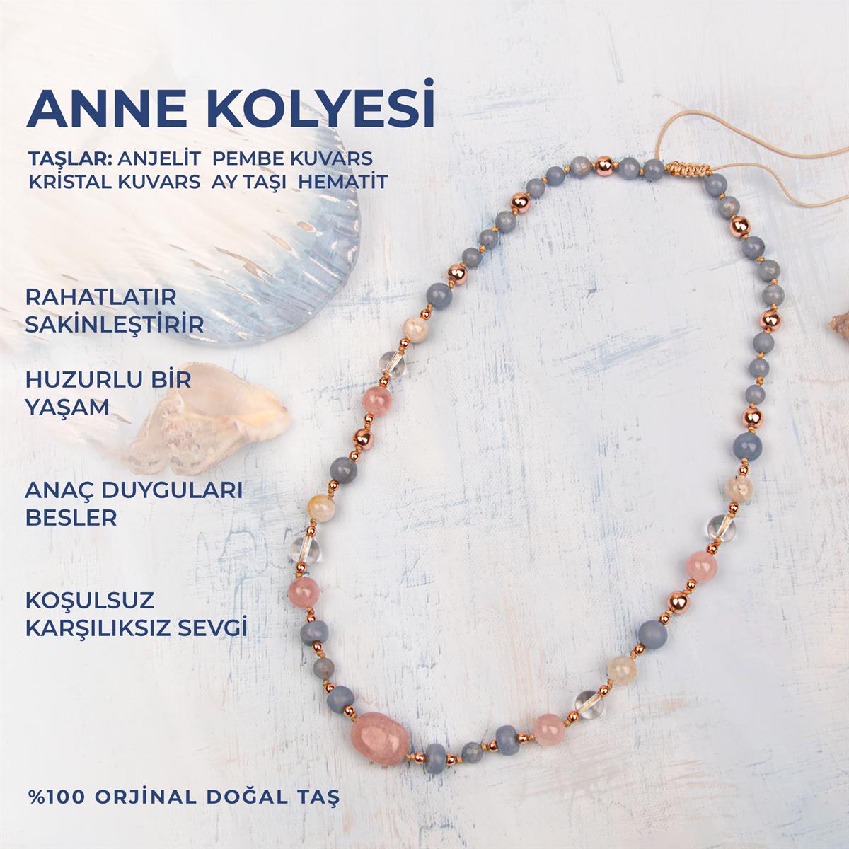 Doğal Taşlı Anne Kolyesi Anjelit, Ay Taşı, Pembe Kuvars, Kristal Kuvars, Anneler Günü Hediyesi