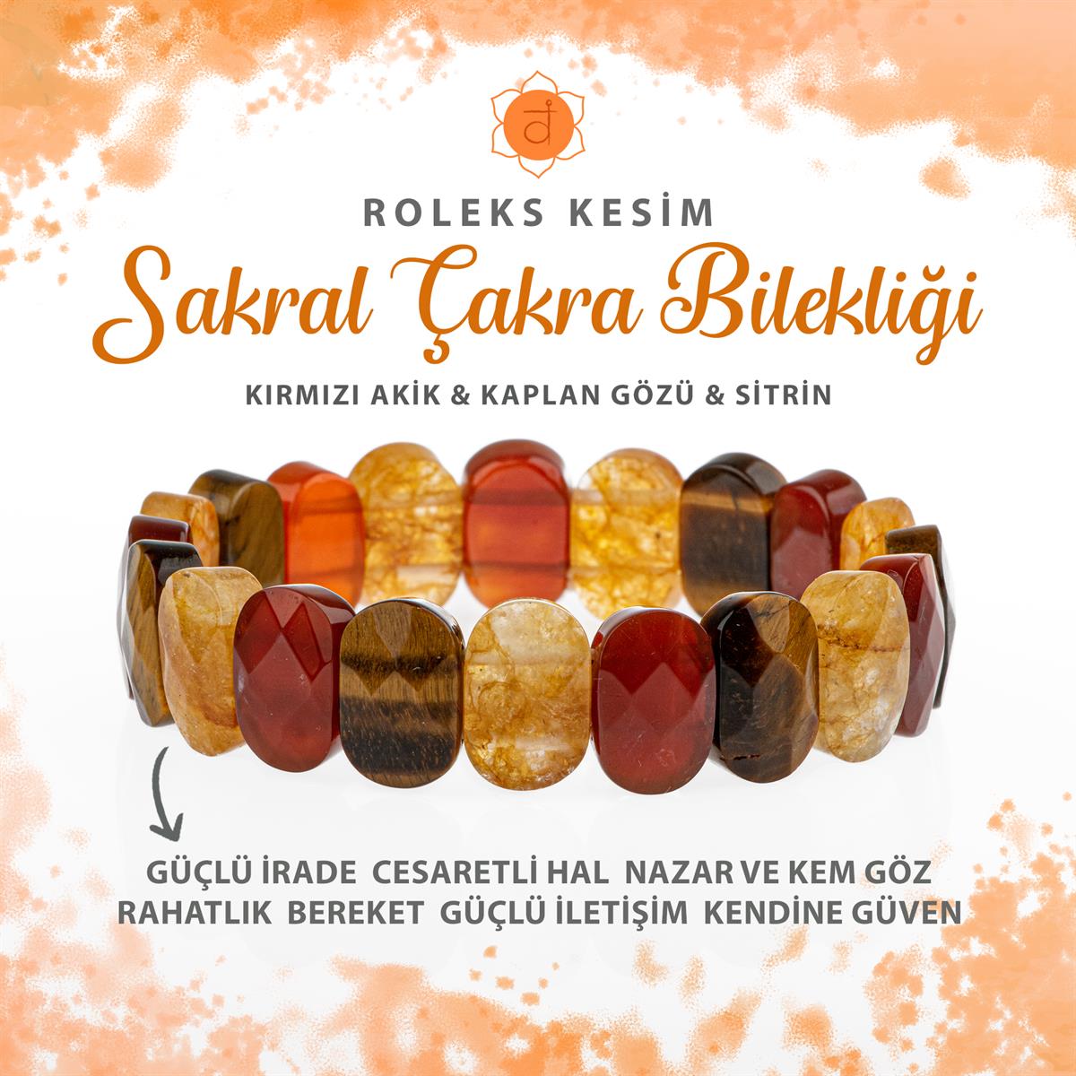 SERTİFİKALI Sakral Çakra Doğal Taş Geniş Kesim Bileklik