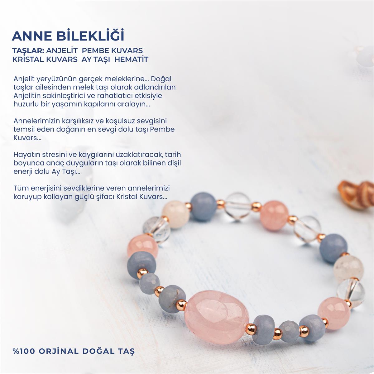 Doğal Taşlı Anne Bilekliği Anjelit, Pembe kuvars, Kristal Kuvars, Ay taşı, Anneler Günü Hediyesi
