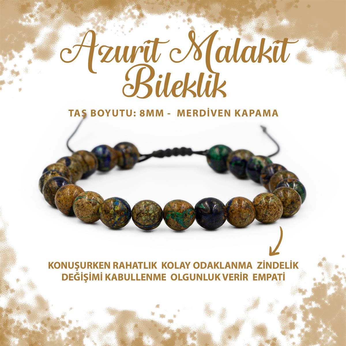 SERTİFİKALI Azurit Malakit 8mm Merdiven Kapama Doğal Taş Bileklik
