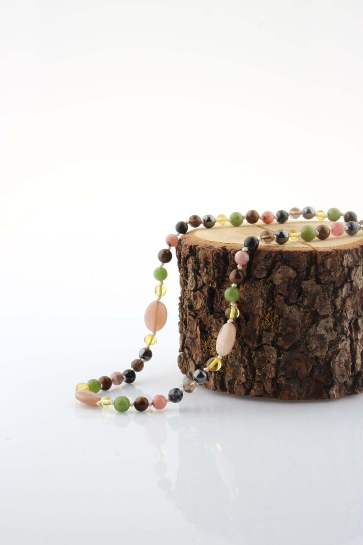 Rodokrozit Dumanlı Kuvars Güneş Taşı Kehribar Obsidyen Yeşim Hematit Kaplan Gözü Panik Atak Kolyesi