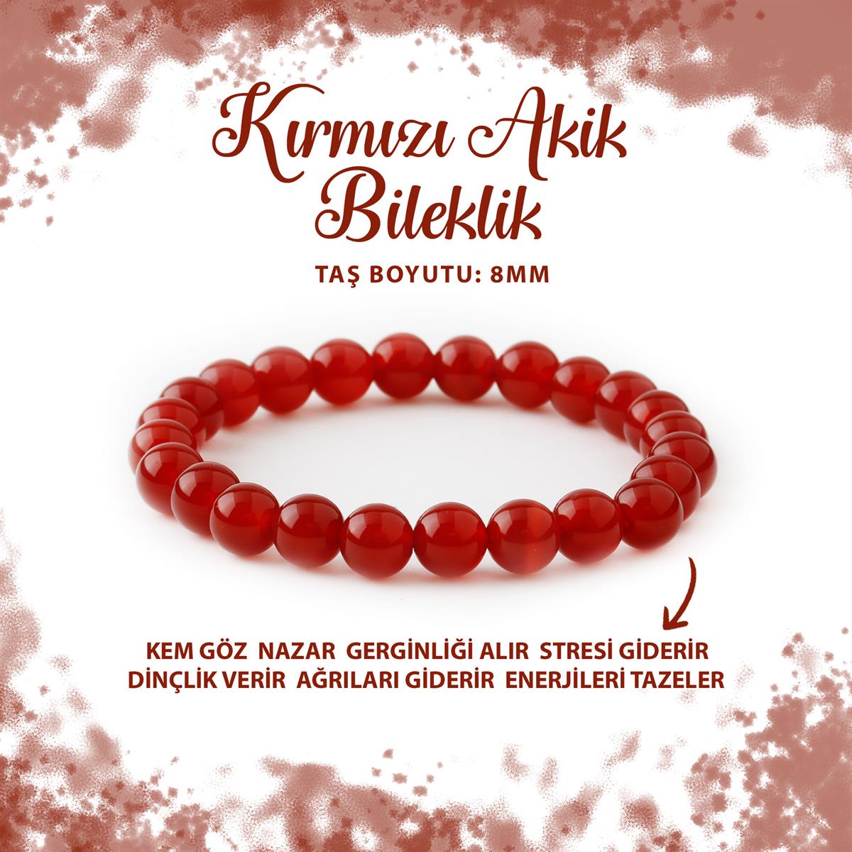SERTİFİKALI Kırmızı Akik 8mm Doğal Taş Bileklik