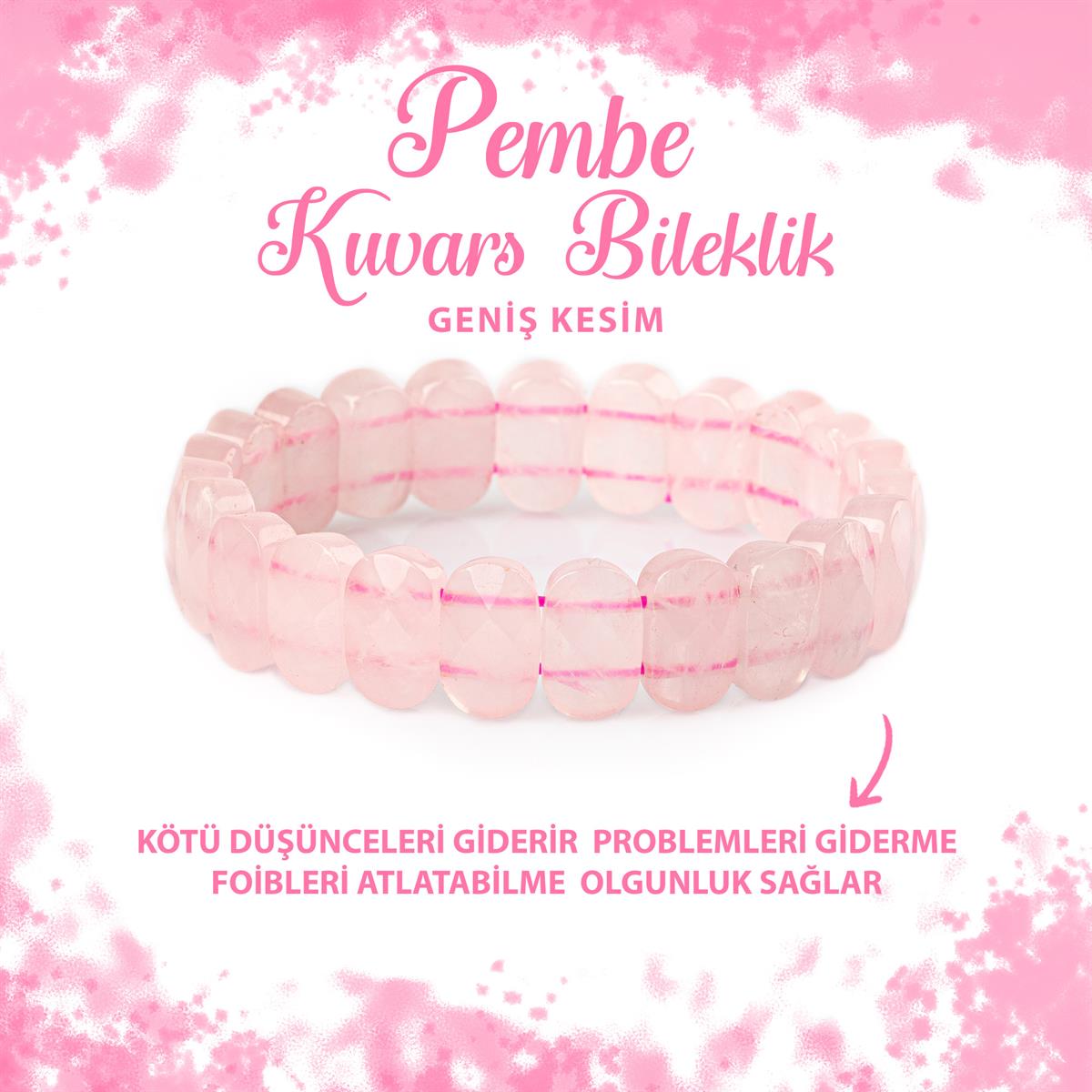 SERTİFİKALI Pembe Kuvars (Gül Kuvars) Doğal Taş Geniş Kesim Bileklik