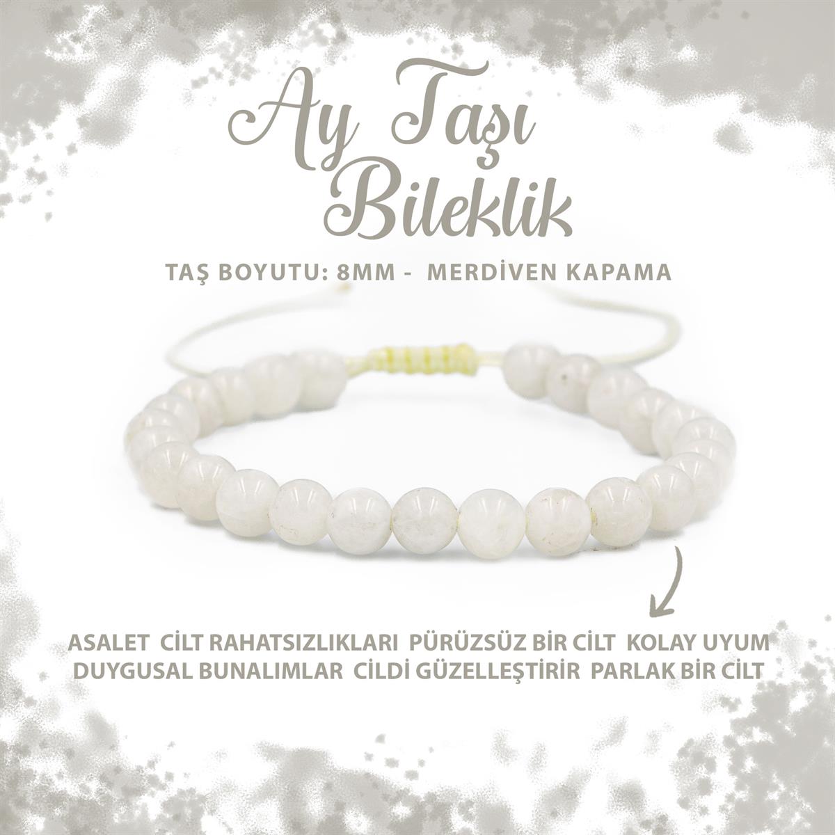 SERTİFİKALI Ay Taşı 8mm Merdiven Kapama Doğal Taş Bileklik