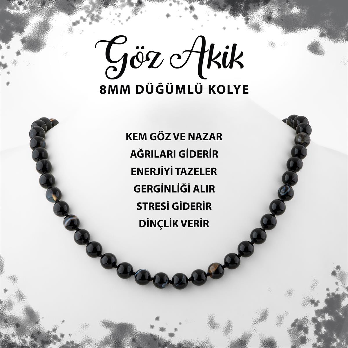 SERTİFİKALI Siyah Göz Akik 8 mm Düğümlü Doğal Taş Kolye