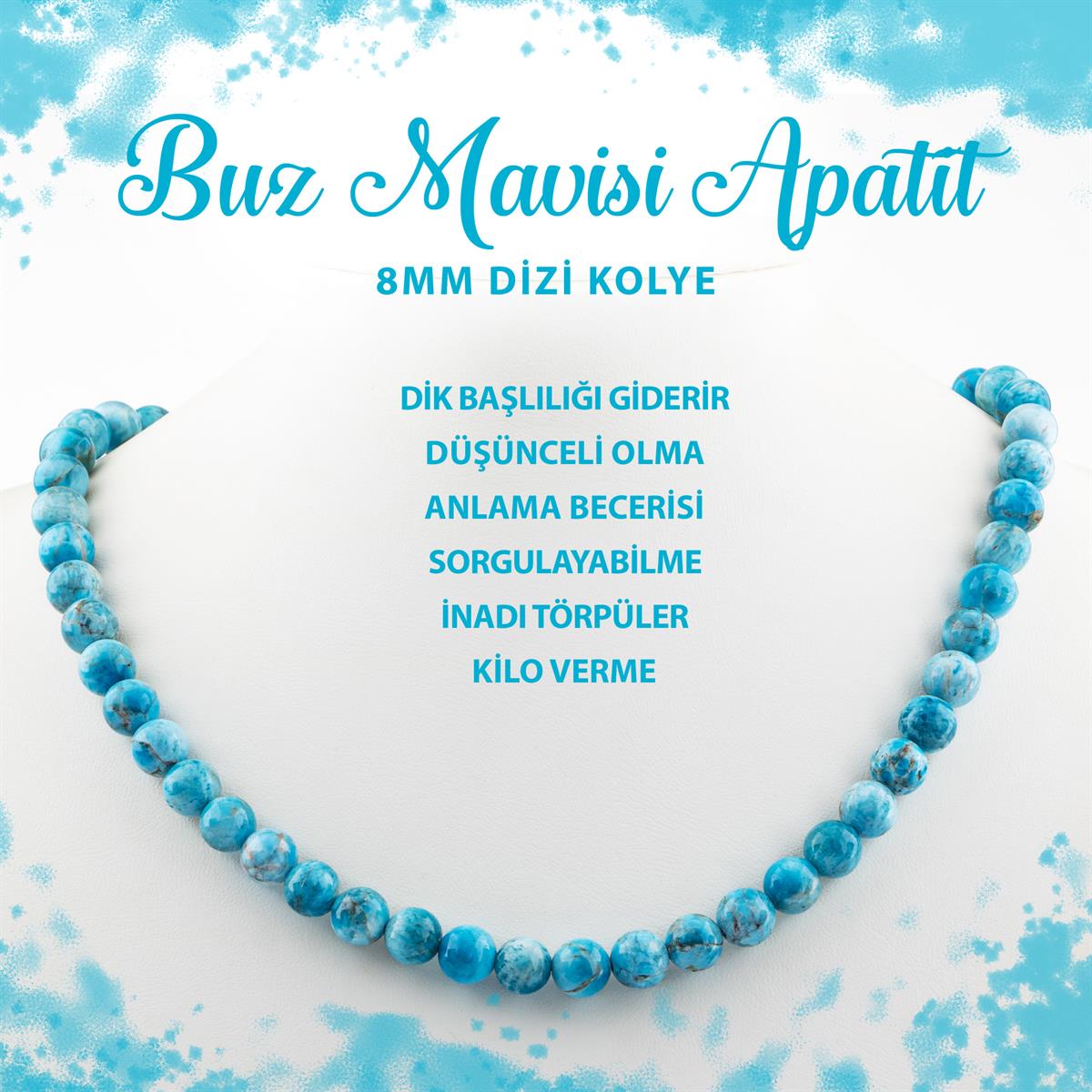 SERTİFİKALI Buz Mavizi Apatit 8 mm Dizi Doğal Taş Kolye