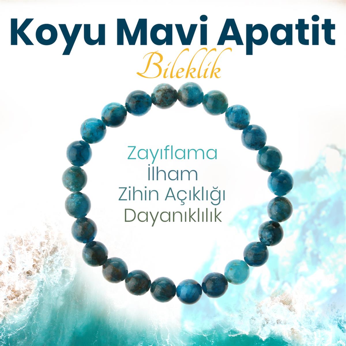 SERTİFİKALI Koyu Mavi Apatit  Orjinal ( Taşlar) Doğaltaş Bileklik 6 mm, B978