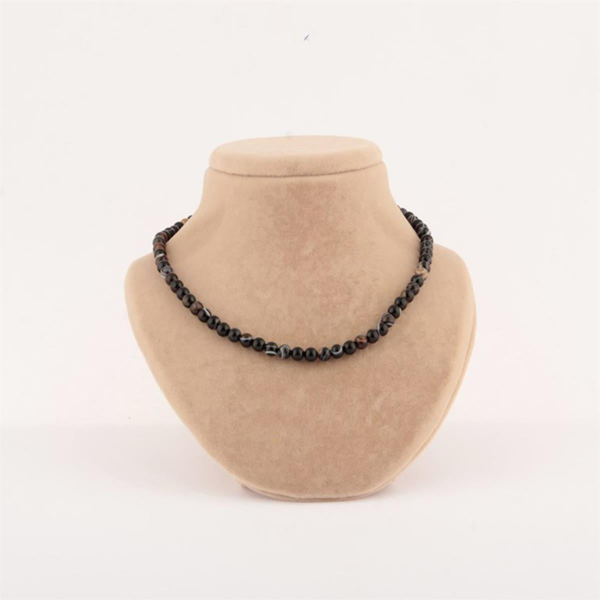 SERTİFİKALI Siyah Göz Akik  Orjinal ( Taşlar) Doğaltaş Düğümsüz Kolye 6 mm, M013