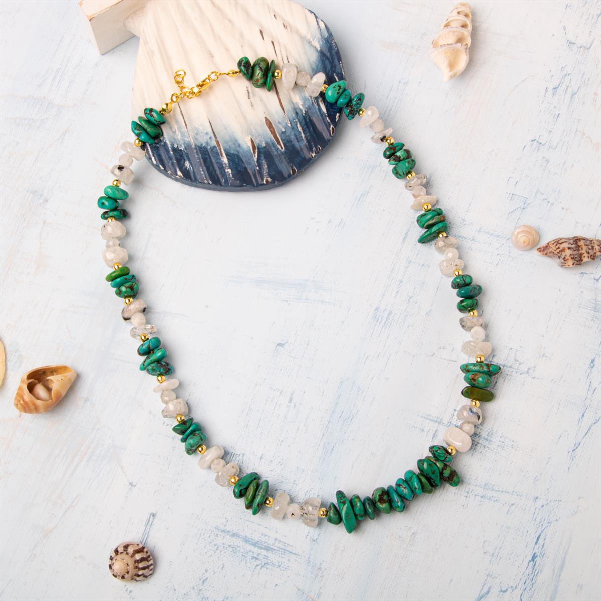 SERTİFİKALI ORJİNAL HAKİKİ TURKUAZ (FİRUZE) &amp; AY TAŞI DOĞAL TAŞLI GÜMÜŞ KAPAMA KOLYE