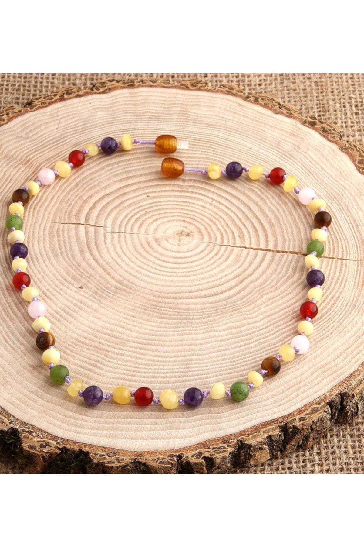 SERTİKALI  Orjinal ( Taşlar) Doğaltaş Bebek Kolye - Kehribar,yeşim,kaplan Gözü,ametist,pembe Kuvars