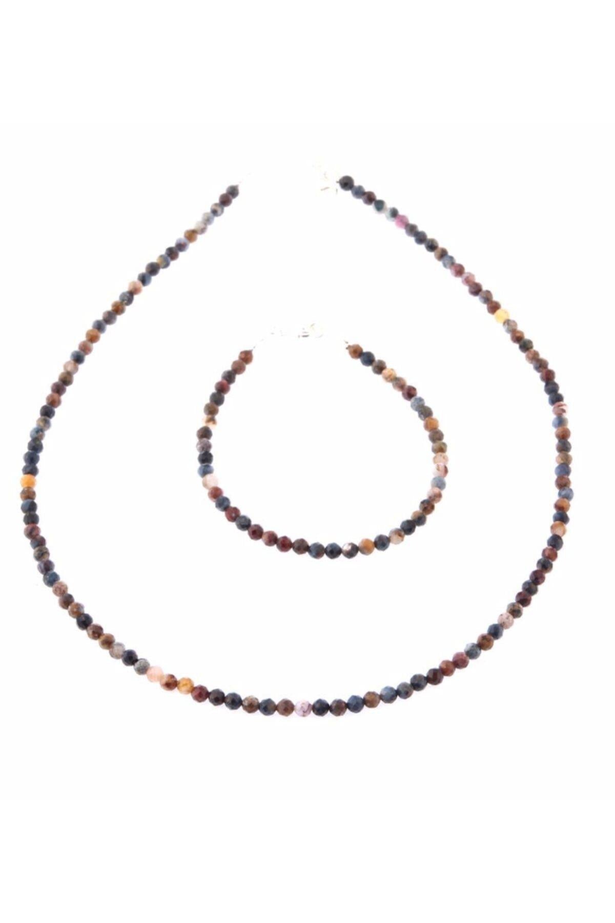 SERTİFİKALI Pietersite Taşı  Orjinal ( Taşlar) Doğaltaş Kolye-Bileklik Takımı-3-4MM TS014