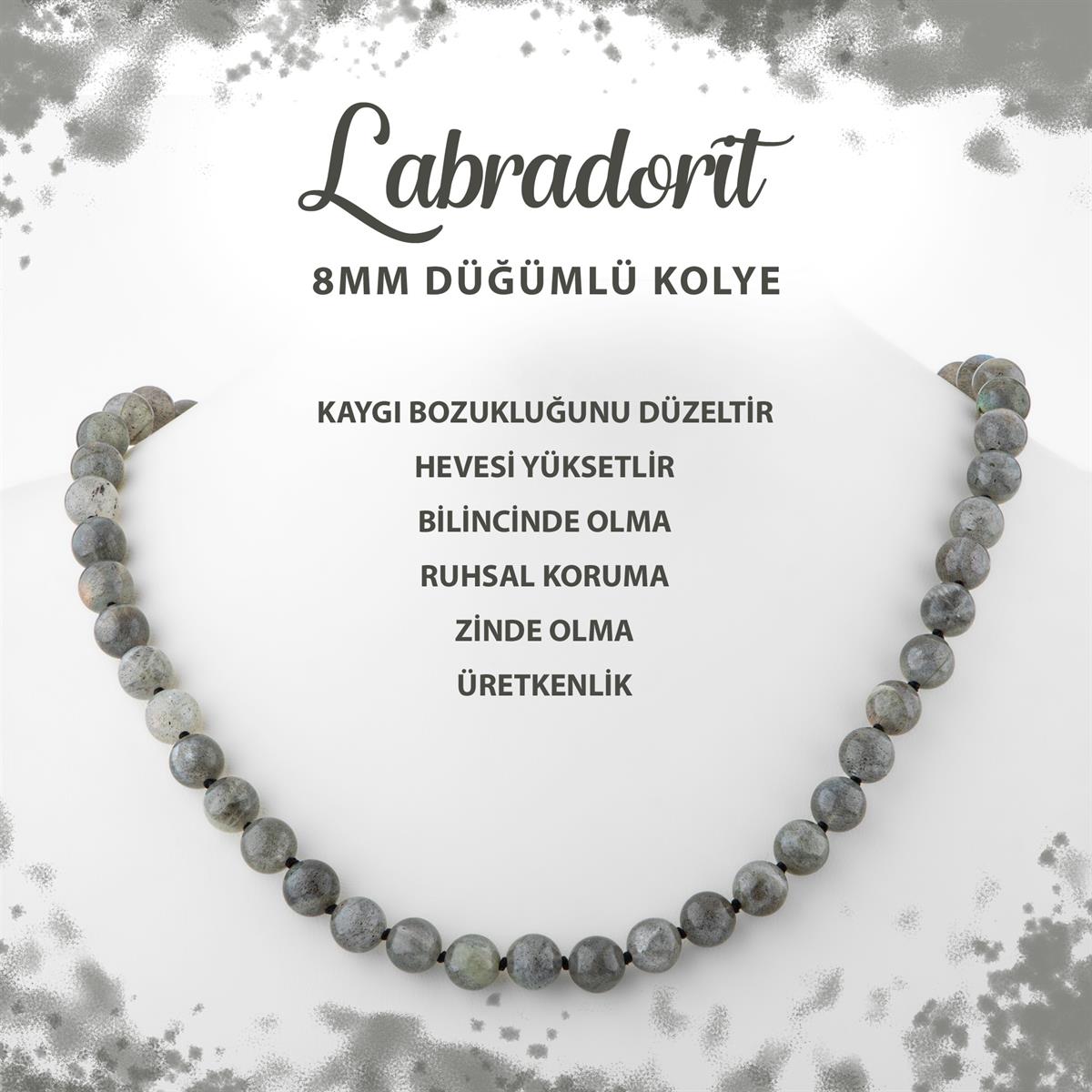 SERTİFİKALI Labradorit 8 mm Düğümlü Doğal Taş Kolye