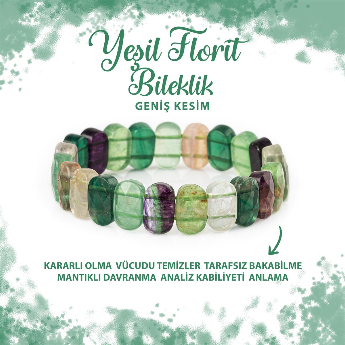 SERTİFİKALI Yeşil Florit Doğal Taş Geniş Kesim Bileklik