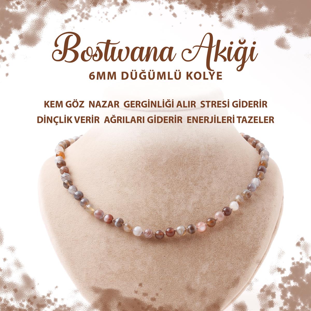 SERTİFİKALI Botswana Akiği 6 mm Düğümlü Doğal Taş Kolye