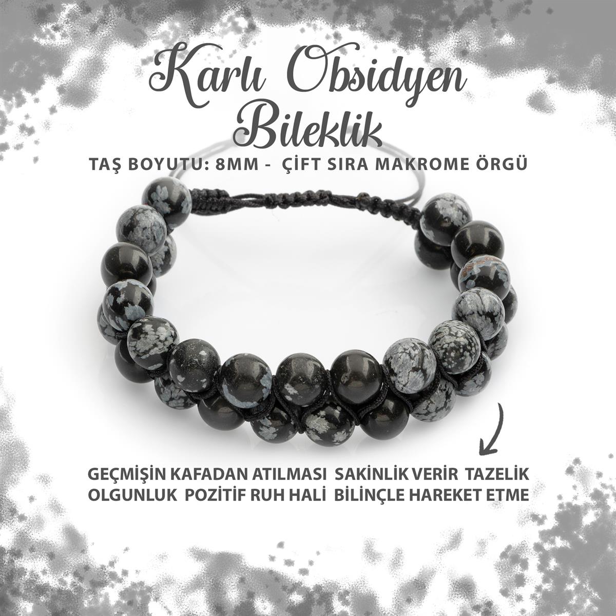 SERTİFİKALI Karlı Obsidyen 8mm Çift Sıra Makrome Doğal Taş Bileklik