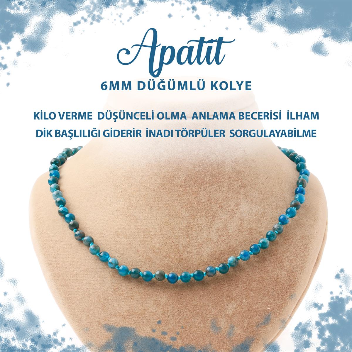 SERTİFİKALI Mavi Apatit 6 mm Düğümlü Doğal Taş Kolye