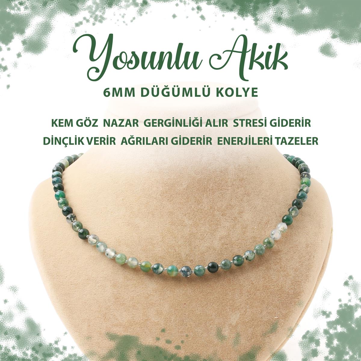 SERTİFİKALI Yosunlu Akik 6 mm Düğümlü Doğal Taş Kolye