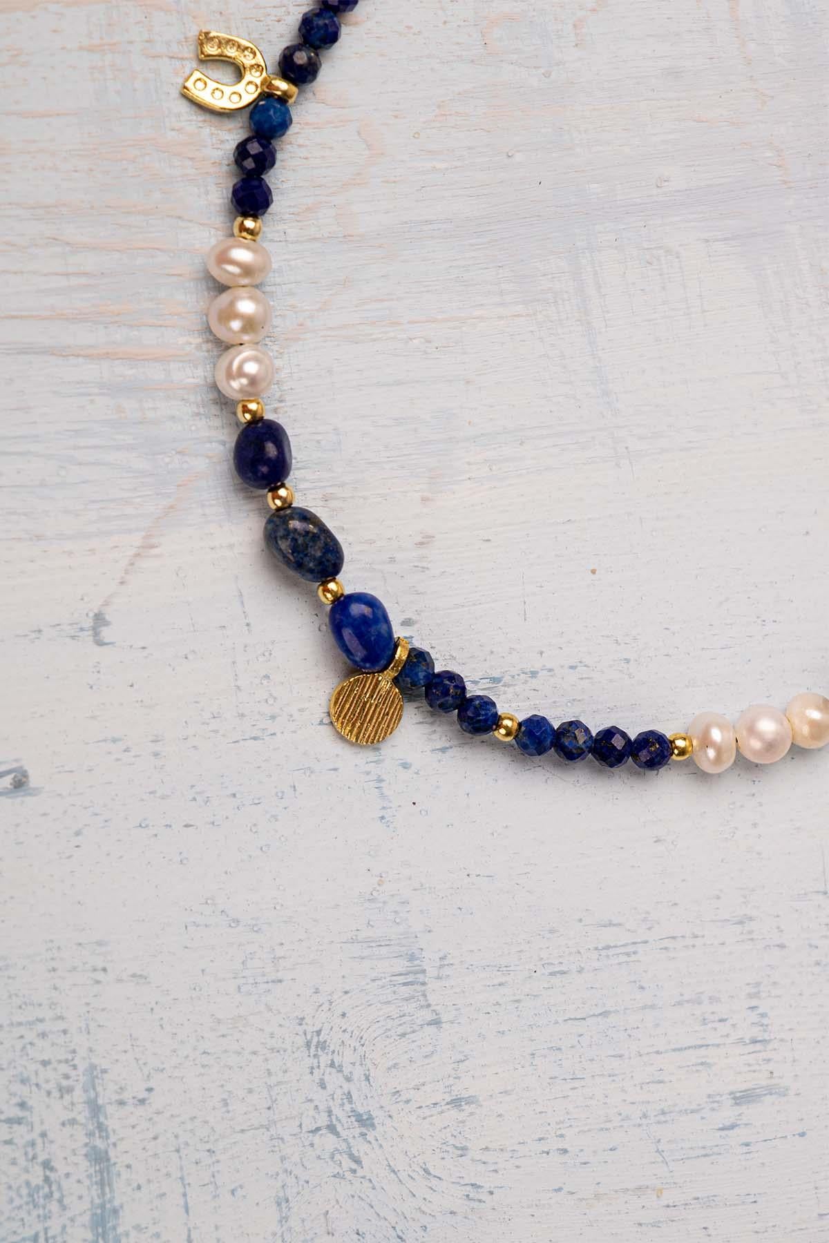 Sertifikalı Doğal Taş Lapis Lazuli - İnci 925 Ayar Şans Halhalı
