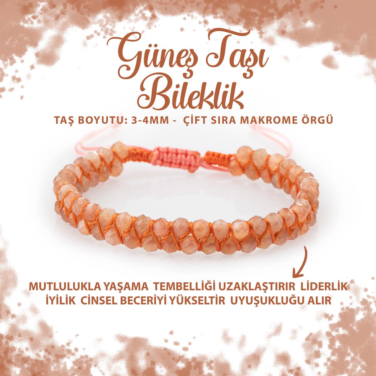 SERTİFİKALI Güneş Taşı 3-4mm Çift Sıra Doğal Taş Bileklik