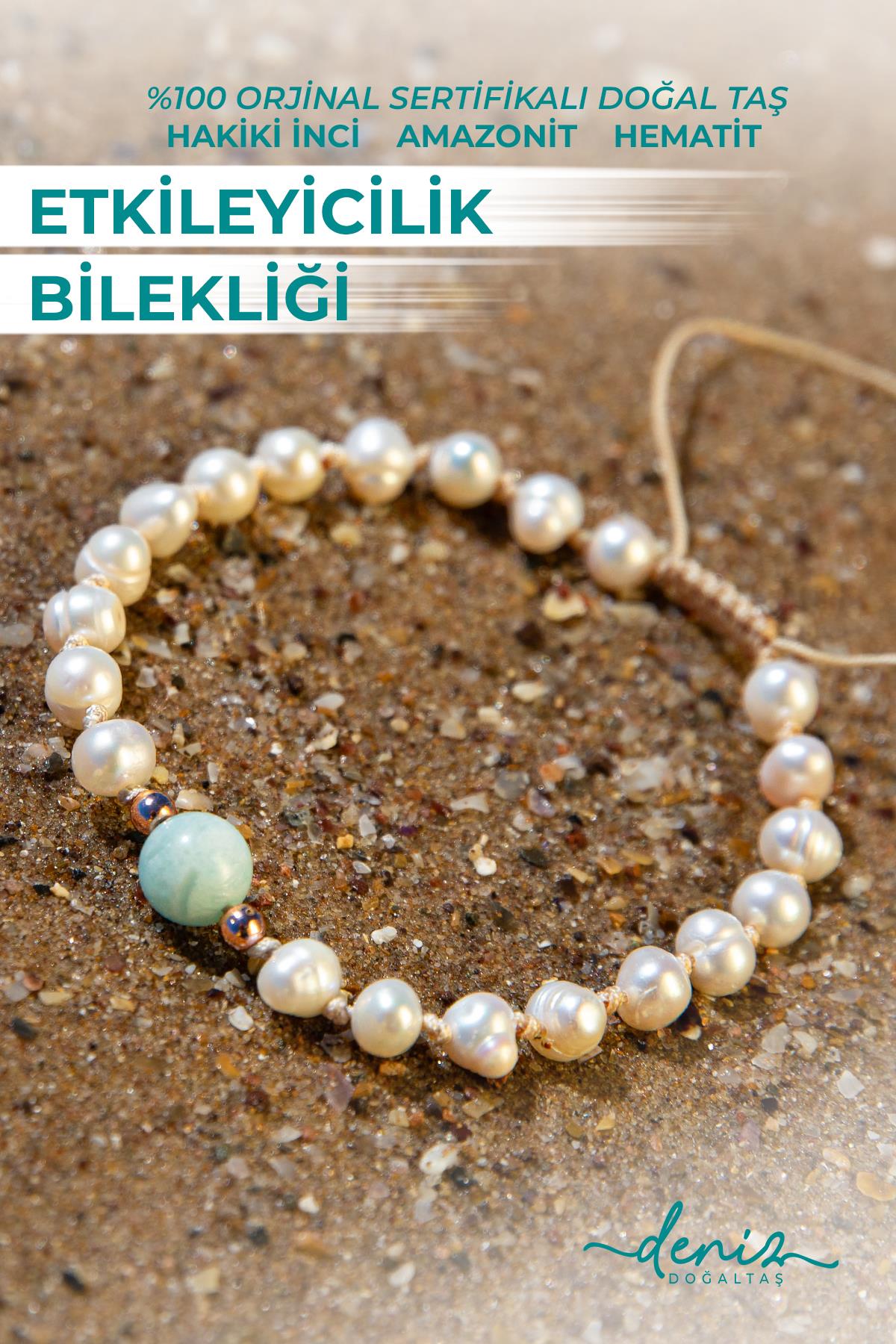 Sertifikalı Doğal Taşlı Etkileyicilik Bilekliği, Amazonit, İnci, Hematit