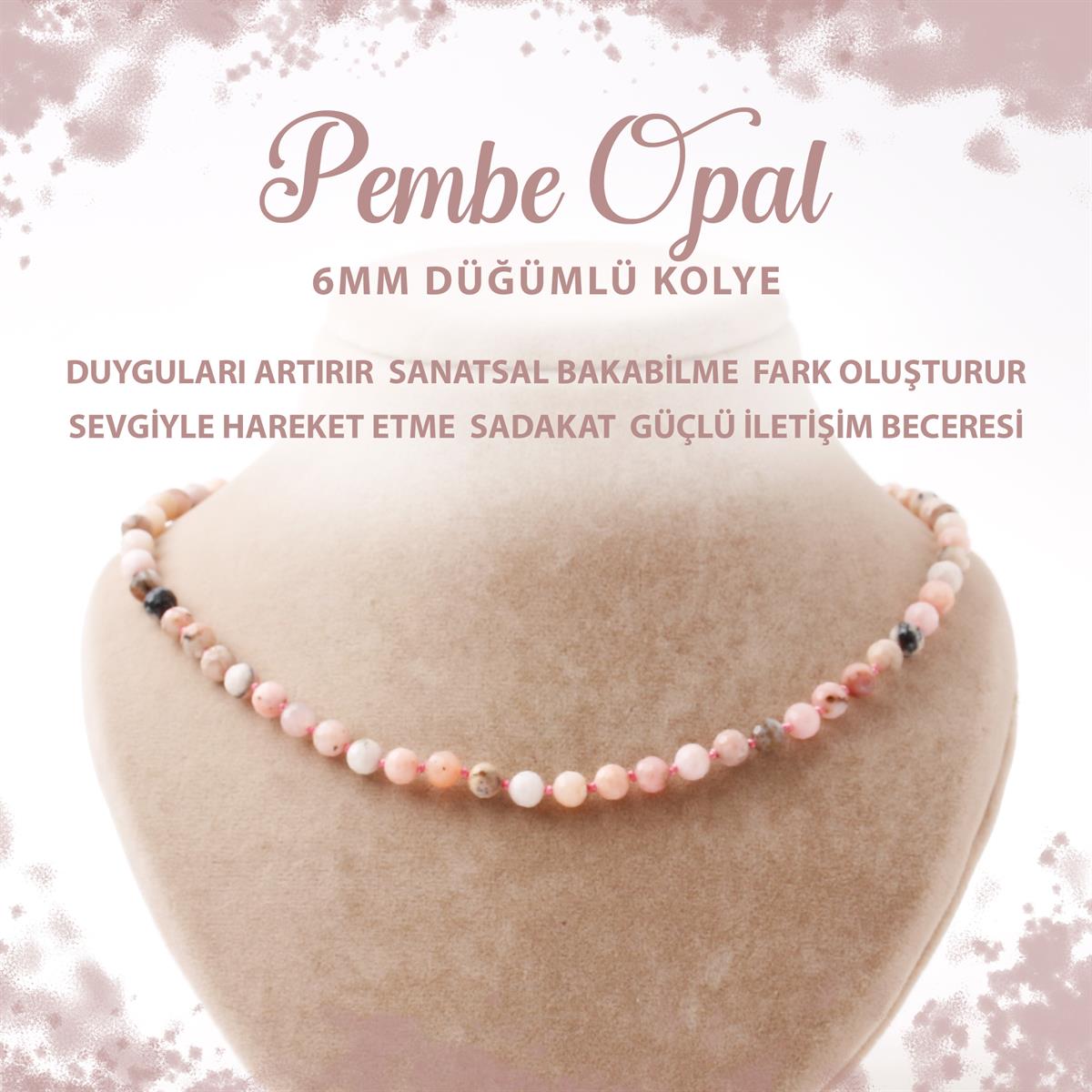 SERTİFİKALI Opal Pembe 6 mm Düğümlü Doğal Taş Kolye