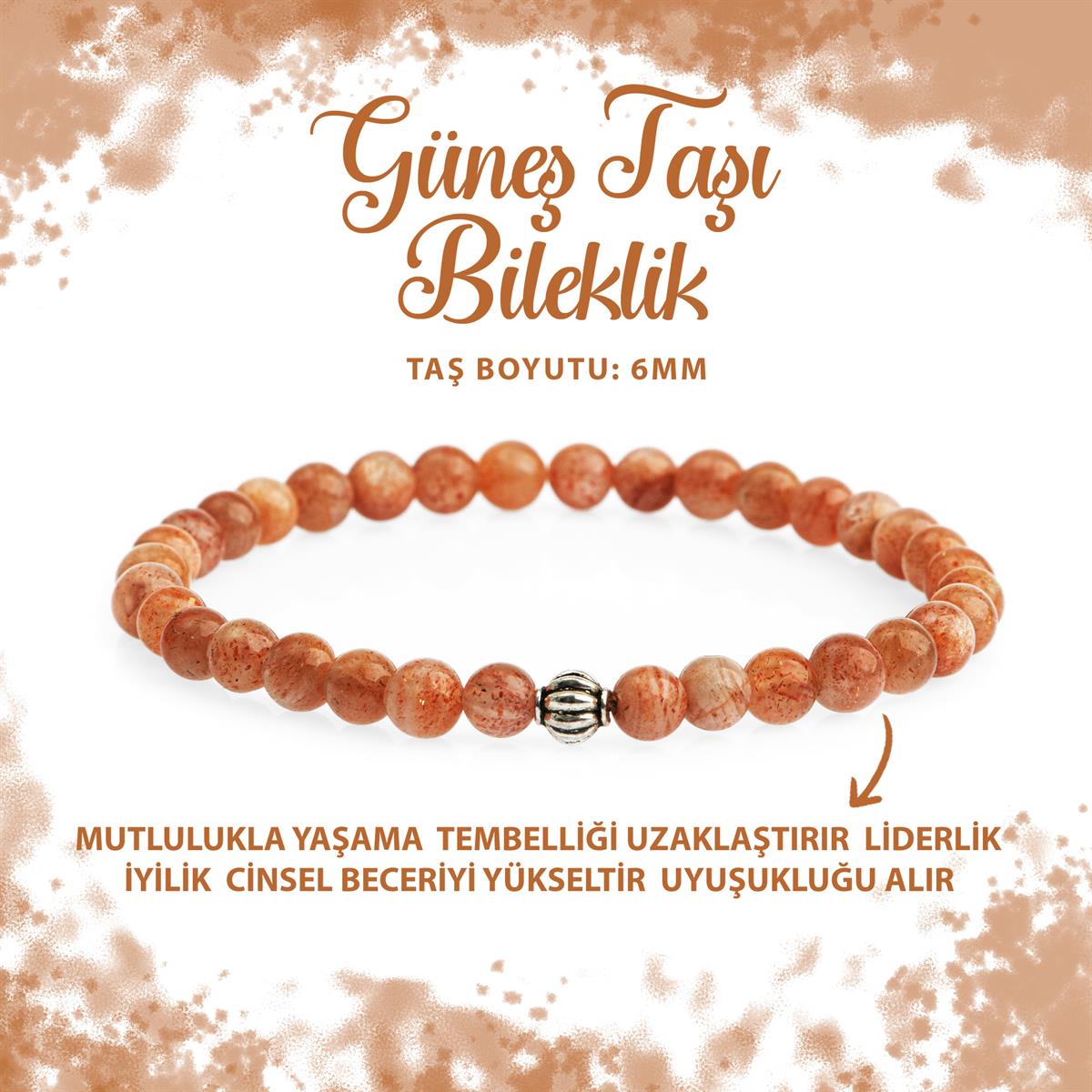 SERTİFİKALI Güneş Taşı 6mm Doğal Taş Bileklik