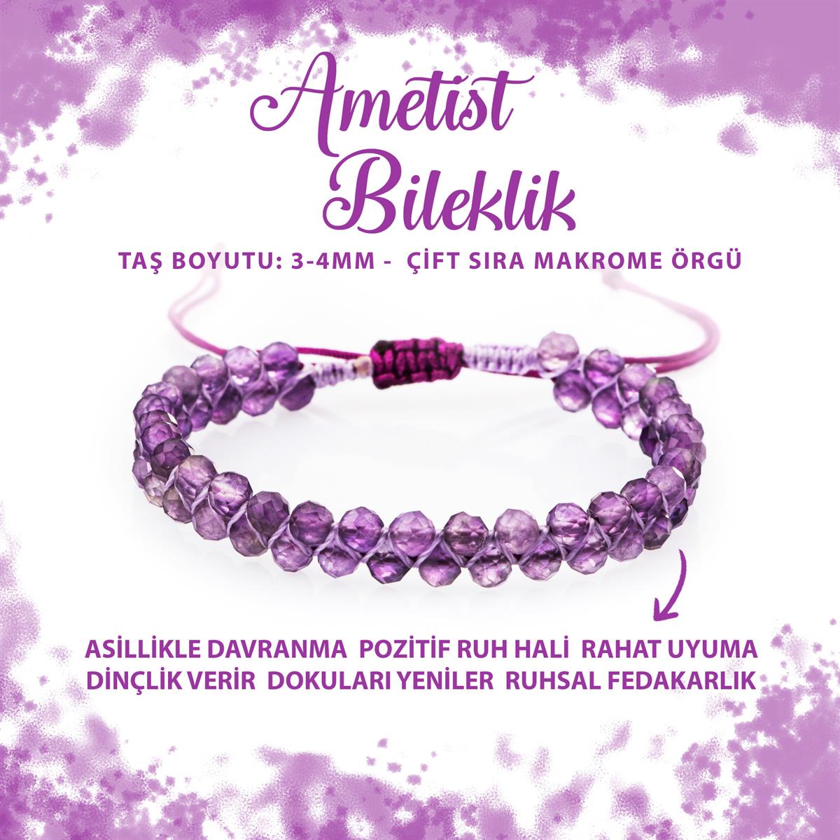 SERTİFİKALI Ametist 3-4mm Çift Sıra Doğal Taş Bileklik