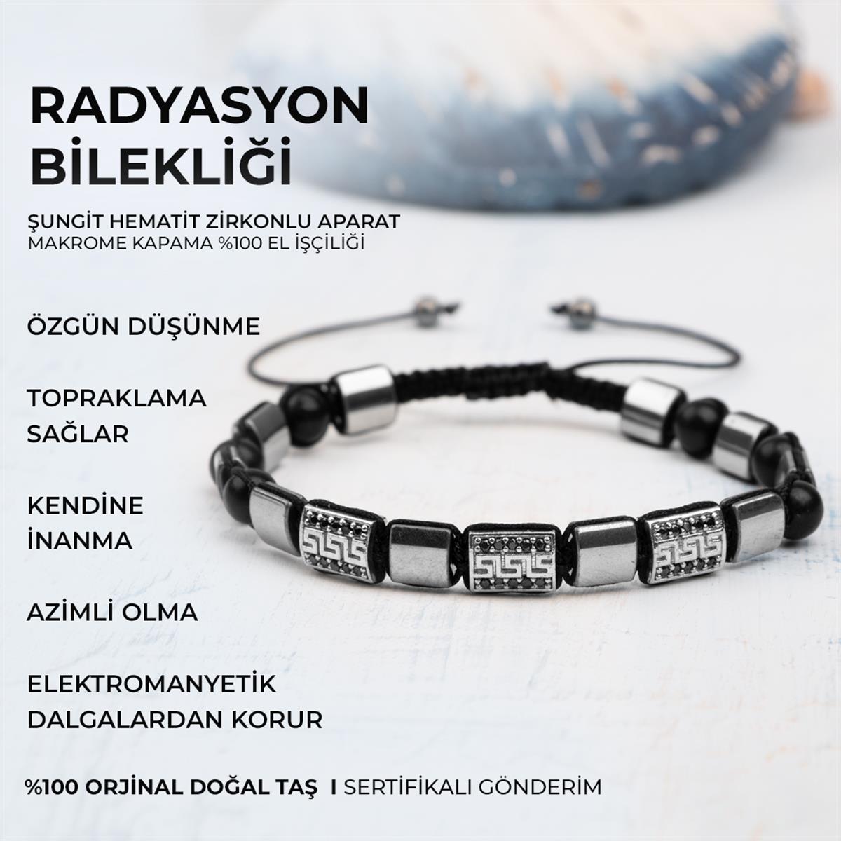 SERTİFİKALI Radyasyon Bilekliği Şungit Hematit Doğal Taşlı %100 El İşçiliği