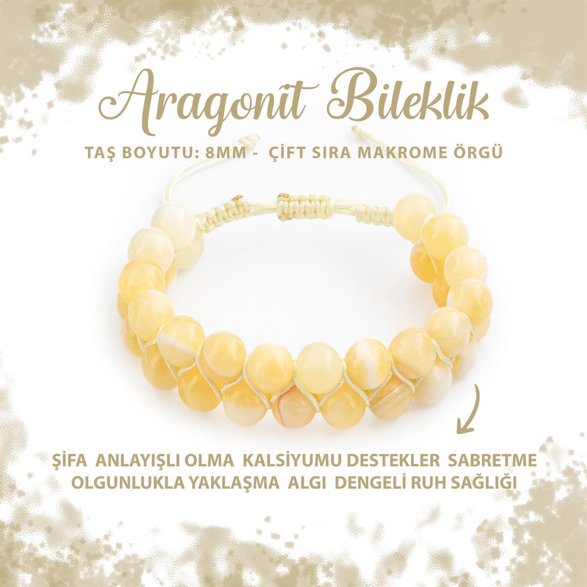 SERTİFİKALI Aragonit 8mm Çift Sıra Makrome Doğal Taş Bileklik