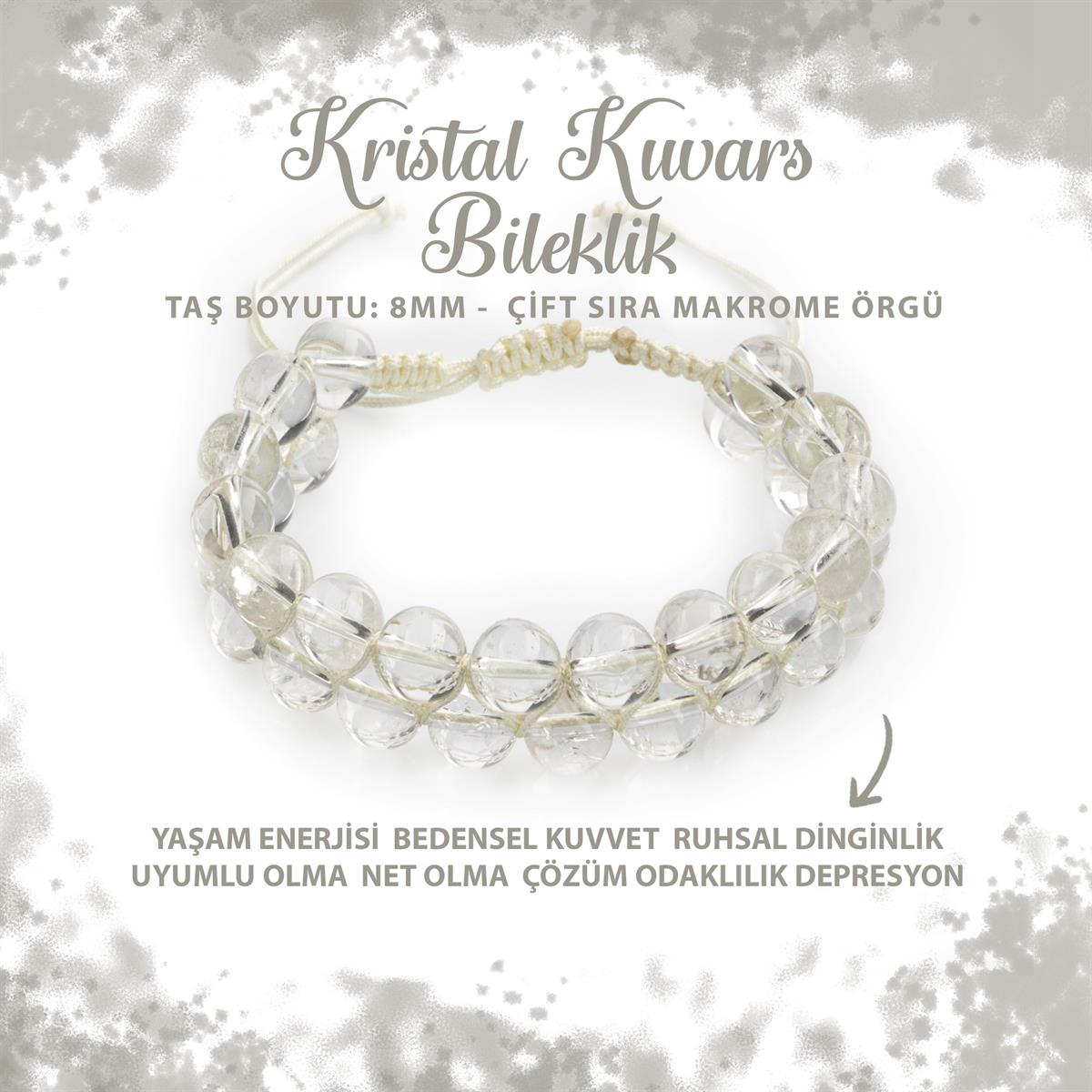 SERTİFİKALI Kristal Kuvars 8mm Çift Sıra Makrome Doğal Taş Bileklik
