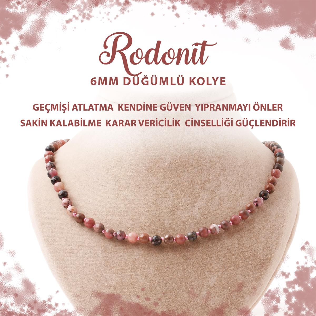 SERTİFİKALI Rodonit 6 mm Düğümlü Doğal Taş Kolye