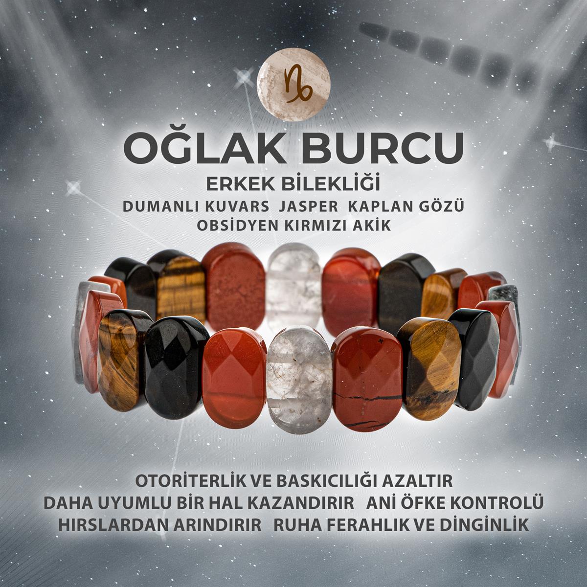 SERTİFİKALI Oğlak Burcu Doğal Taş Geniş Kesim Erkek Bileklik