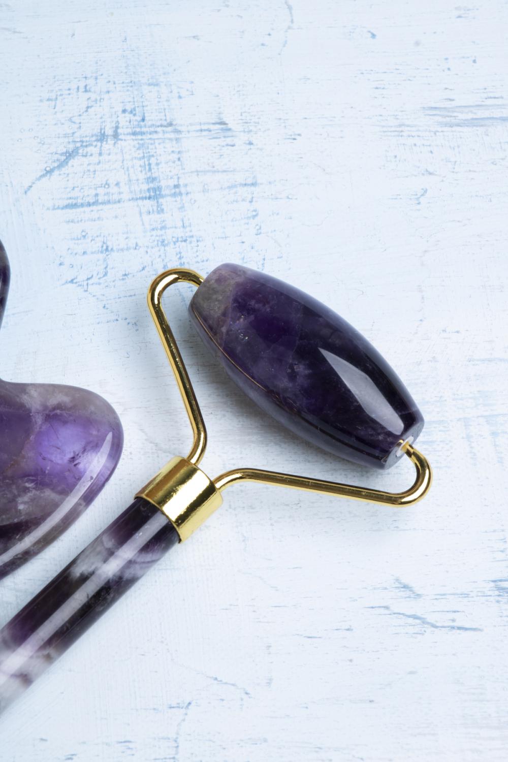 Ametist Taşı Masaj Takımı - Roller ve Gua Sha Kalpli Set