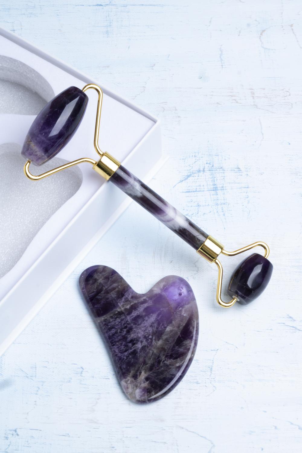 Ametist Taşı Masaj Takımı - Roller ve Gua Sha Kalpli Set